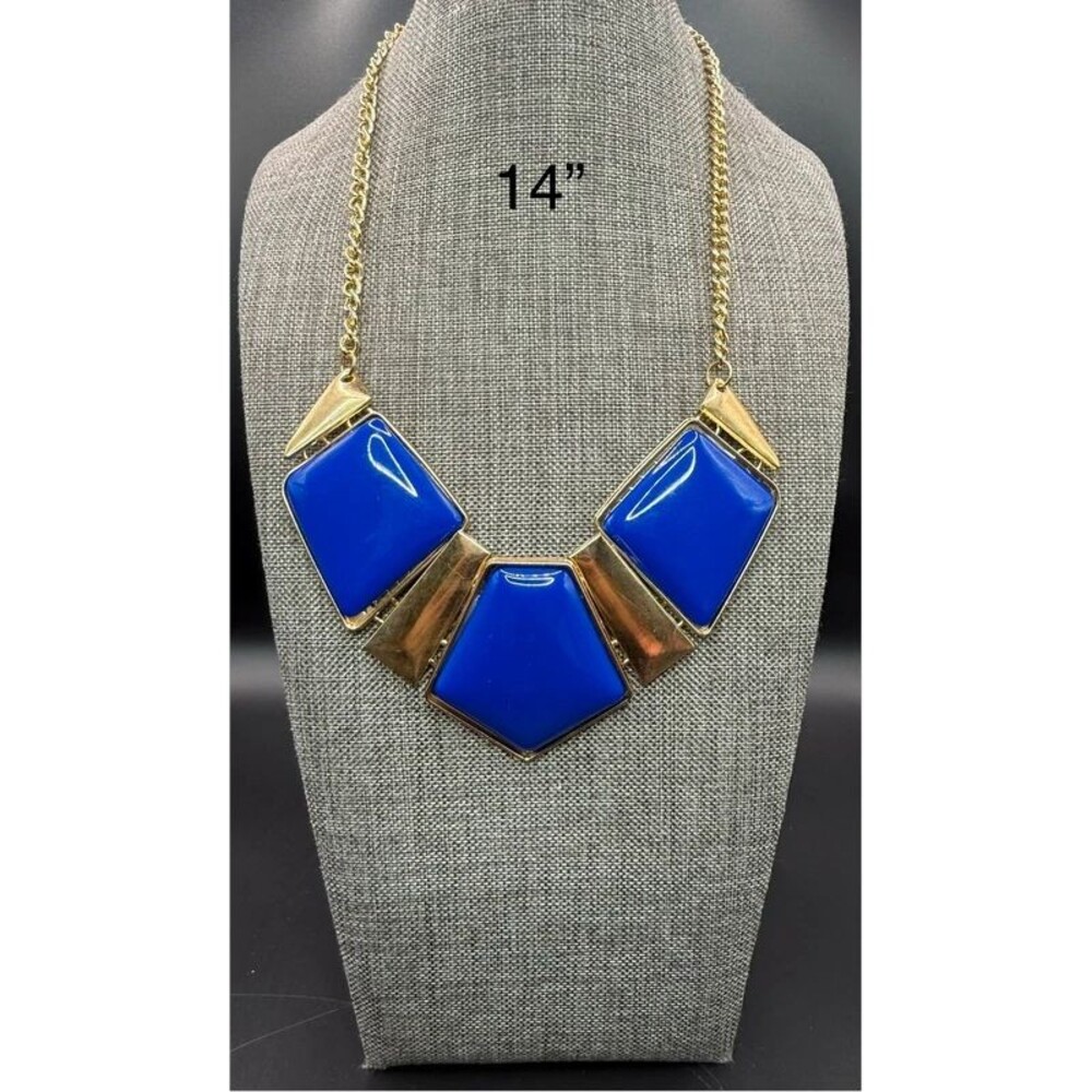 159. Gold Tone Royal Blue Enamel Statement Necklace